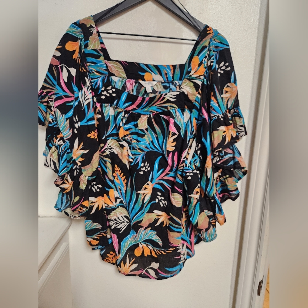 Terra & Sky Top Women’s 2X Plus Leaves Tropical Short Sleeves Pleated Neck Flowy
